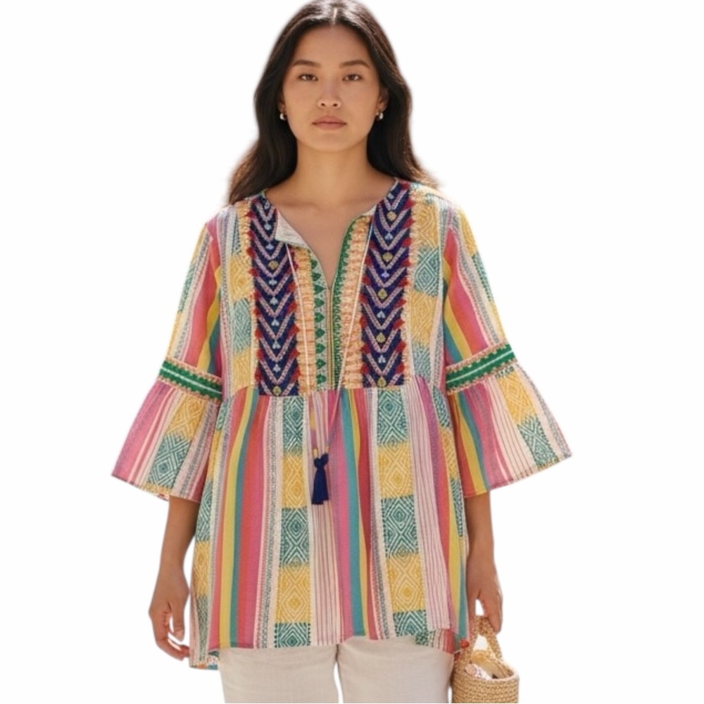 Anthropologie VERB Embroidered Boho Babydoll Top Colorful Stripe Size M READ